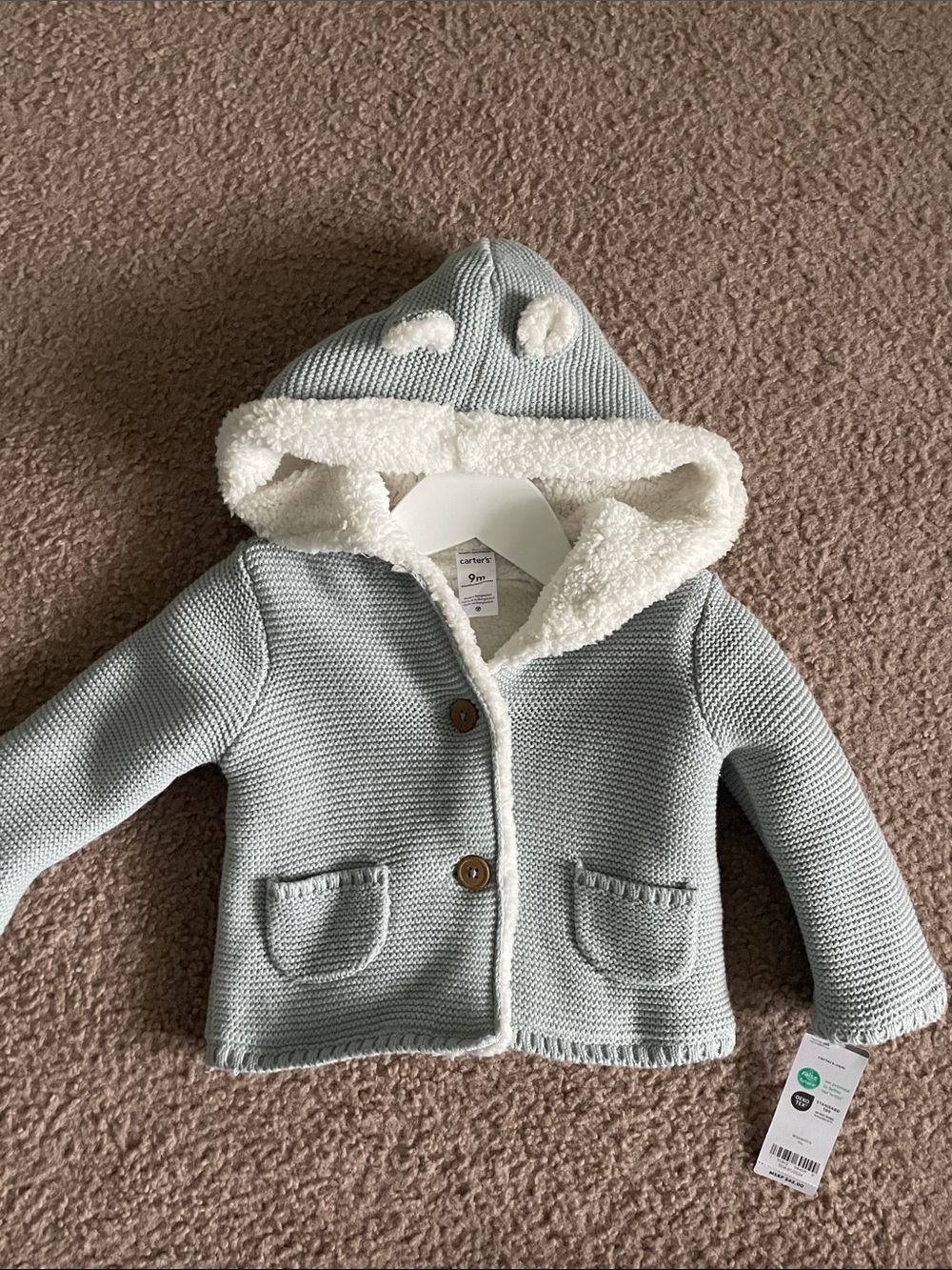 Carter's Light Blue Knit Hooded Baby Cardigan with White Sherpa Trim
